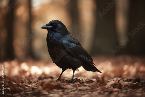 Beautiful black crow in the forest. Generative AI