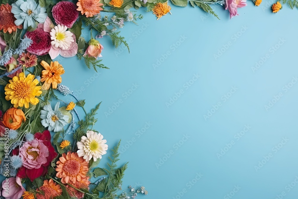 Spring flower frame on blue background with negative copy space - Generative AI