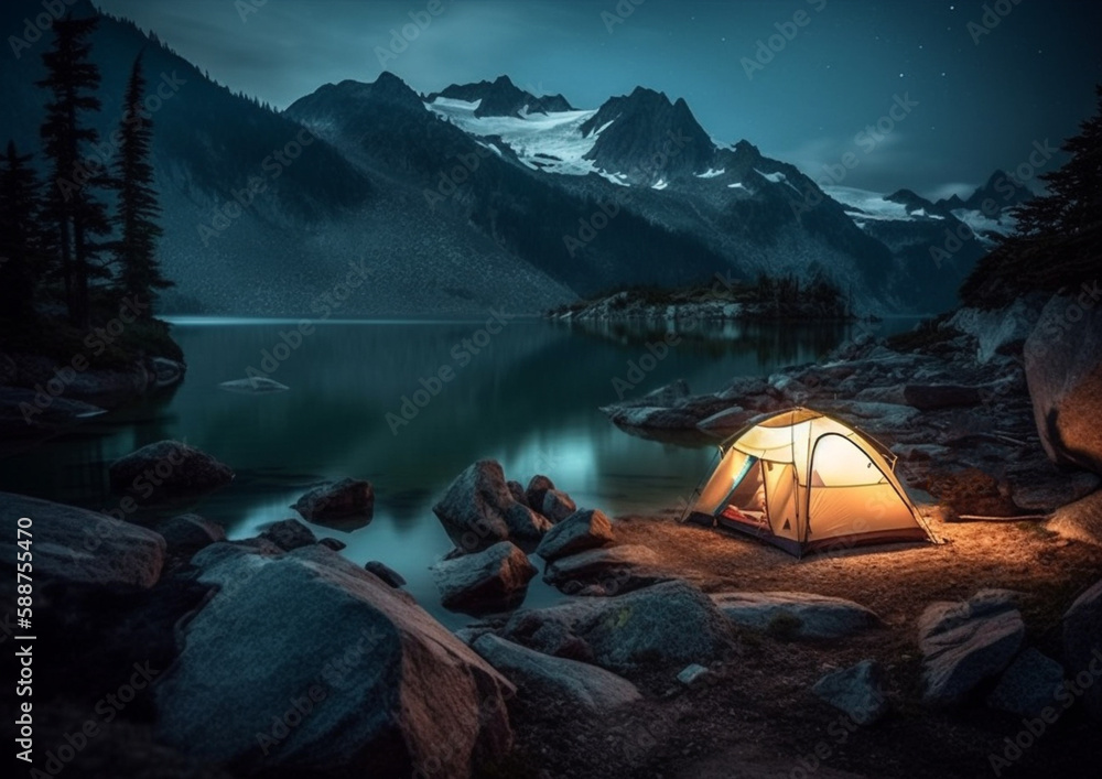 campsite tent by the  lake in  mountains, generative ai