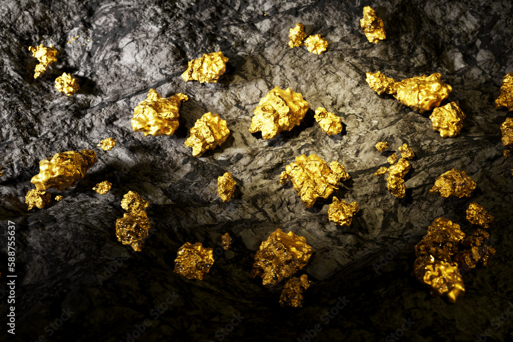 Obraz premium Mine wall full of gold nuggets. Treasure found in the mine. Golden ore.