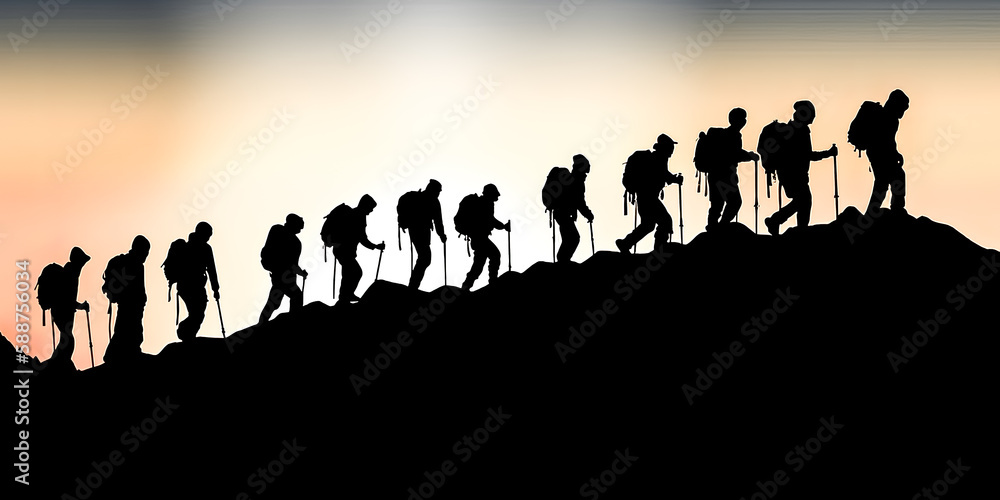 People are assisted in their climb up a mountainous silhouette by a helping hand - generative ai. People are assisted in their climb up a mountainous silhouette by a helping hand - generative ai.