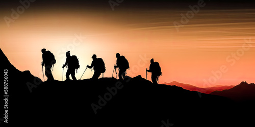 A silhouetted group of people scaling a mountain, working together to reach the peak - generative ai.