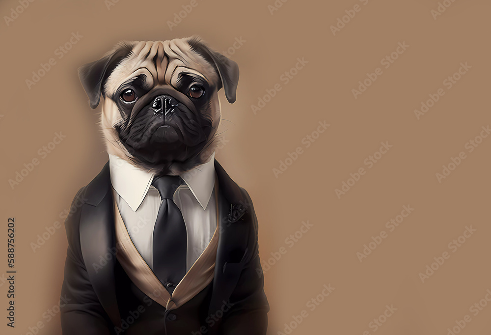 Pug in a suit and tie on a brown background. Banner. Generative AI
