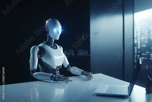 AI android robot ChatGPT sitting on desk and using computer to chat with humans. Generative AI