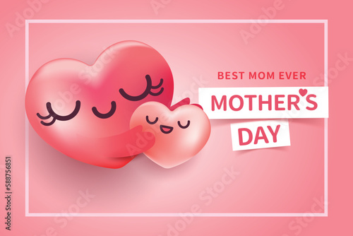 Happy Mother's day banner with cartoon style heart on pink background. Vector illustration.