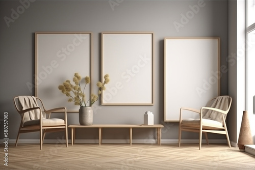 Interior design - modern and minimalist interior with empty frame on the wall. Mockup illustration. Generative AI © Mihai Zaharia