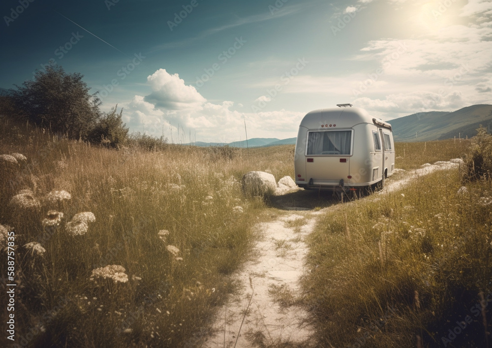 travel trailer camping in the mountains , spring summer time, generative ai
travel trailer camping in the mountains , spring summer time, generative ai