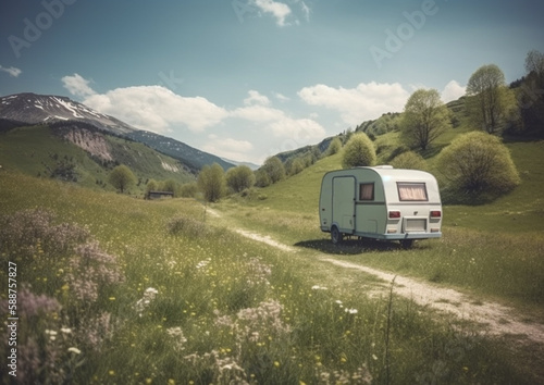 travel trailer camping   in the mountains , spring summer time, generative ai
