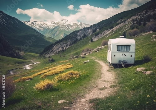travel trailer camping   in the mountains , spring summer time, generative ai

