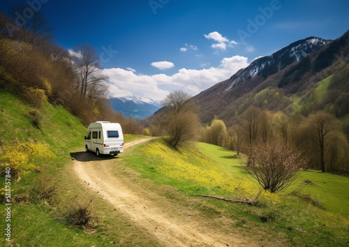 travel trailer camping   in the mountains , spring summer time, generative ai  © Coka
