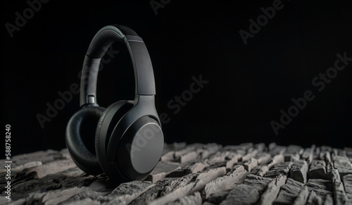 Modern wireless headphones in black environment with stone underground photo