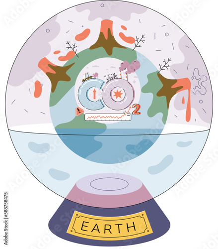 Greenhouse effect abstract concept with globe floats in water in glass ball. Global warming, climate change cause, co2 emission rise, global effect, greenhouse gas, air pollution problem, ozone layer