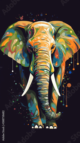 elephant painted with multi-colored paints, full-length front view, on a black background, generated by AI