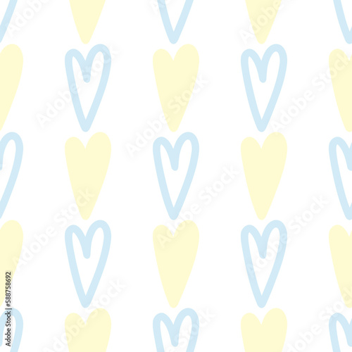 Cute seamless background with a hand-drawn heart. In light blue and yellow. Texture for wallpaper  background  textiles  scrapbook. Wrapping paper.