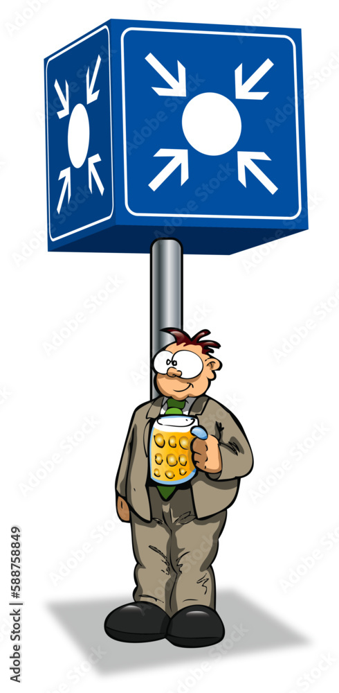 Fototapeta premium a man with a jug of beer waiting under a meeting point sign