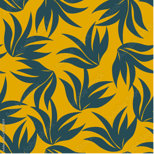 Fashionable seamless tropical pattern with bright plants and flowers on a yellow background. Seamless exotic pattern with tropical plants. Beautiful seamless vector floral pattern.