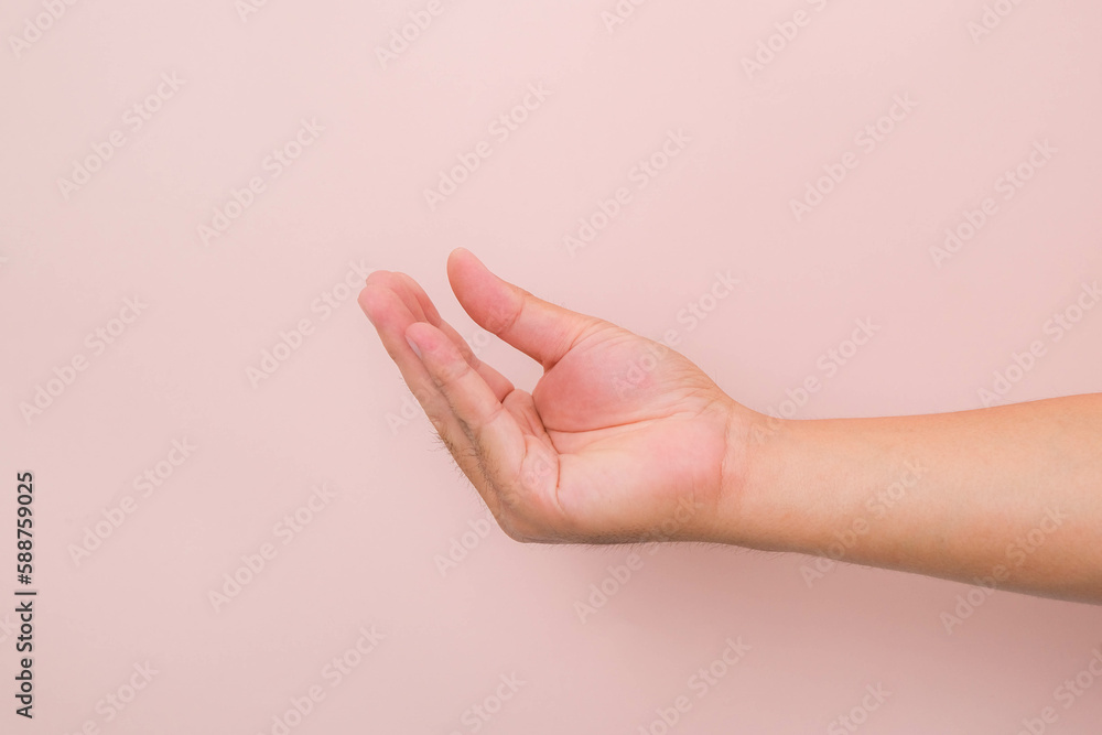 Hands gesture like picking up something isolated on pink background. Hands gesture like picking up something isolated on pink background.