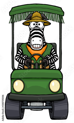 cartoon zebra zookeeper driving a zoo golf cart