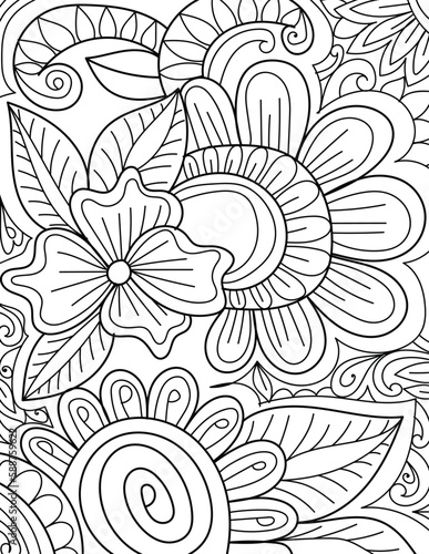 Decorative detailed mehndi design style floral coloring book page illustration
