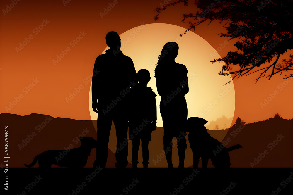 silhouette of a family at sunset, ai generative