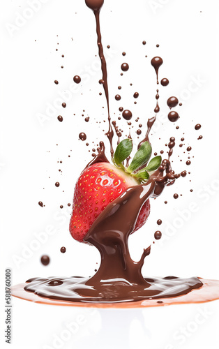 Delectable depiction of a strawberry being enveloped in rich, flowing chocolate, capturing the essence of indulgence and gourmet delights.