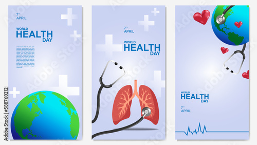 world health day celebration which is celebrated every year on april 7th, stethoscope, globe, healthy lungs, illustration banner template