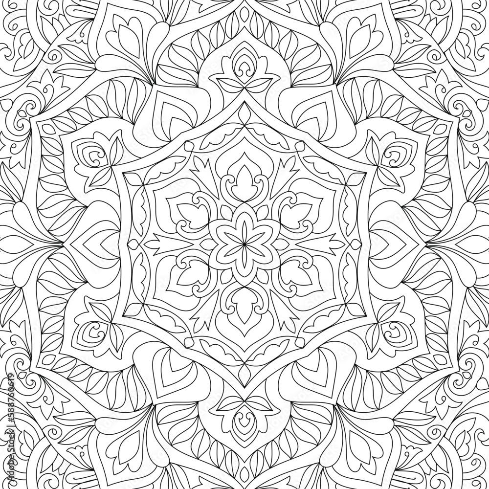 Decorative rounded detailed mandala coloring page illustration