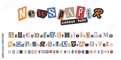 Collage vector newspaper alphabet. Color letters, numbers and punctuation marks cut from newspapers and magazines. Criminal, anonymous or detective font. Vintage elements for your design.