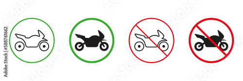 Motorcycle Red and Green Road Warning Signs. Motorbike Parking Permit and Not Allowed Transportation Traffic Signs. Motor Bike Line and Silhouette Attention Icons Set. Isolated Vector Illustration