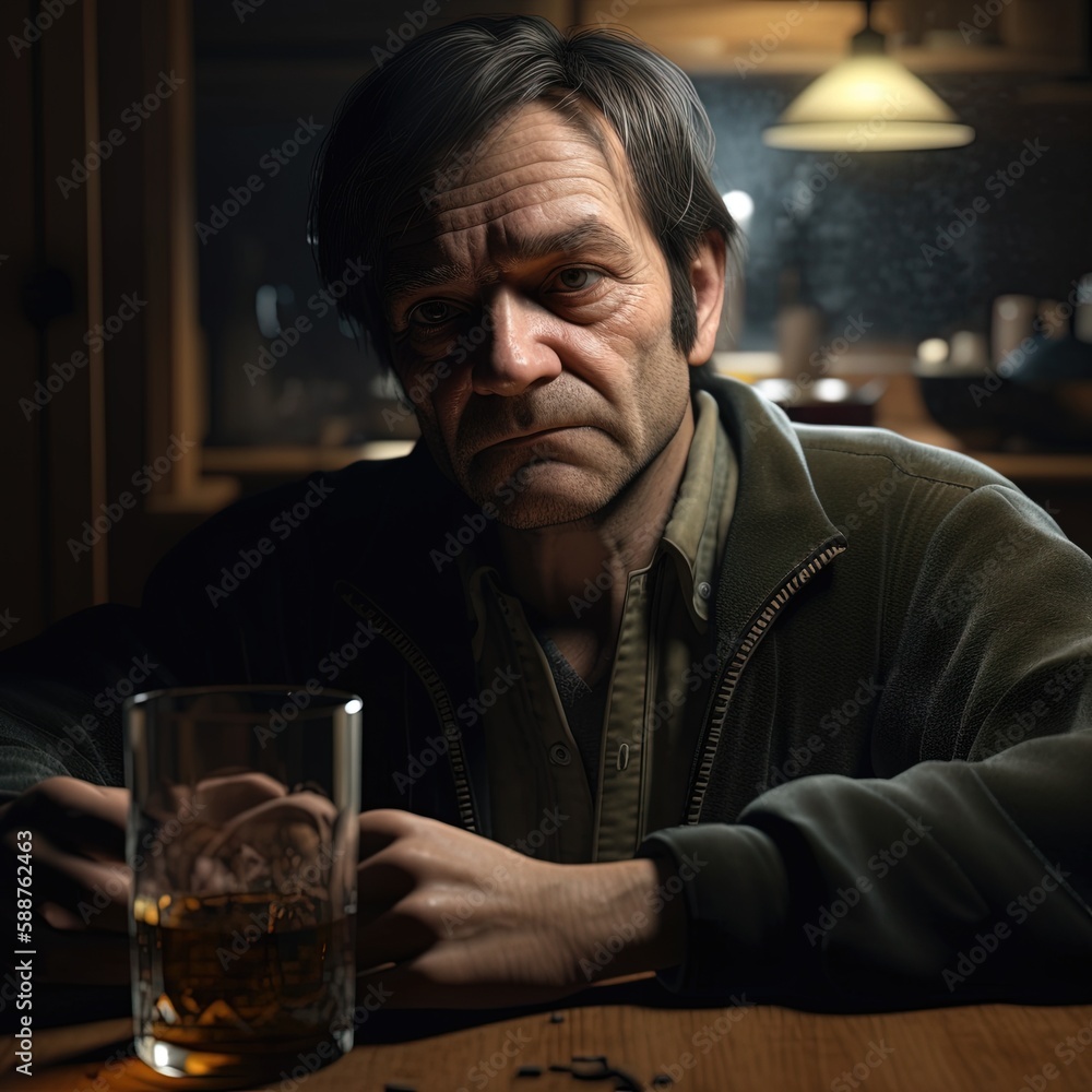 a man sitting drinking a bottle of alcohol in dark kitchen