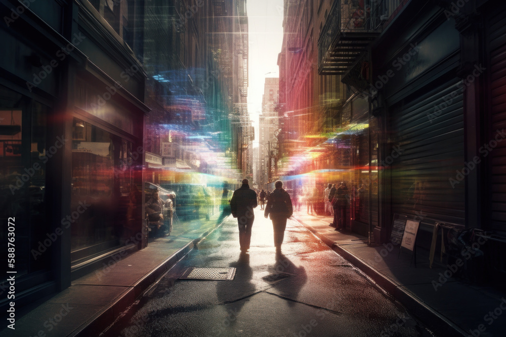 2 people walking down a surreal energetic urban street. Generative Ai.