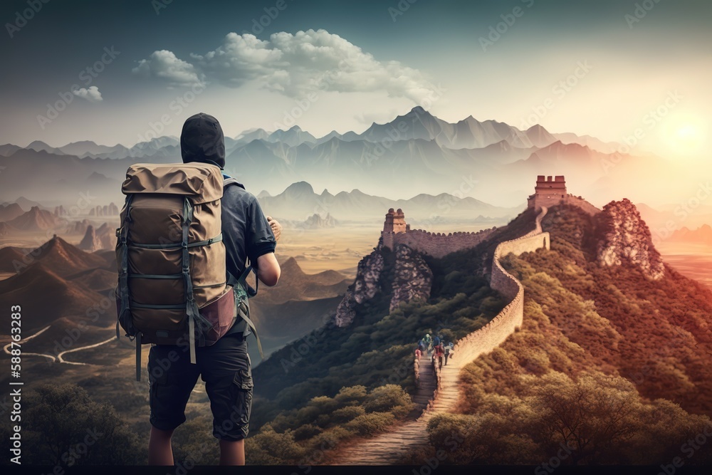 A backpacker with backpack is standing on the Great wall of China, the world heritage famous landmark of China. Travel and journey scene. Generative Ai image.	
