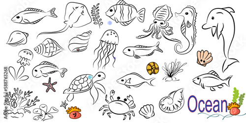 doodle style hand drawn, Fish and wild marine animals in ocean. Sea world dwellers, cute underwater creatures, coral reef inhabitants in their natural habitat, undersea fauna of tropics. Flat cartoon 