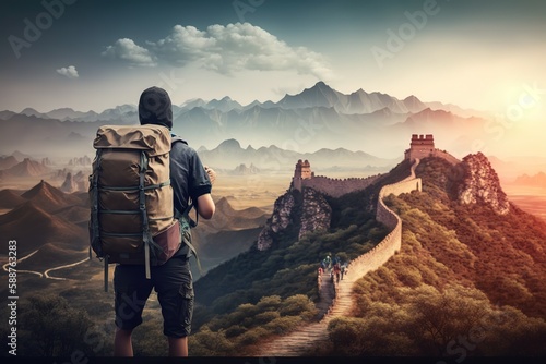 A backpacker with backpack is standing on the Great wall of China, the world heritage famous landmark of China. Travel and journey scene. Generative Ai image. 