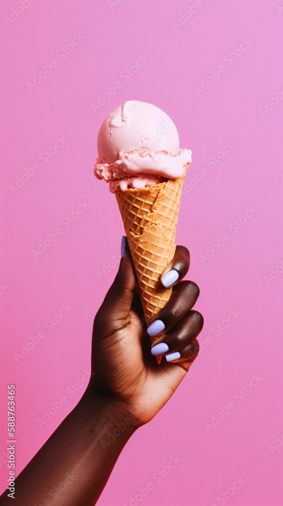 Ice cream cone in a female hand on a pink background. Generative AI Ice cream cone in a female hand on a pink background. Generative AI