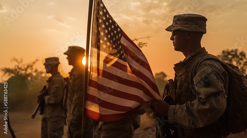 US Army Soldiers with National Flag at Sunrise for American Veterans Day, Memorial Day, and Independence Day. Generative AI.