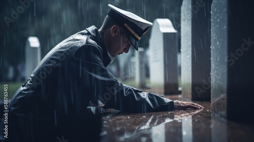 A Military Officer in Blue-White Dress Uniform Mourns Fallen Comrade in the Rain. The concept for American Veterans Day, Memorial Day, and Independence Day. Generative AI.