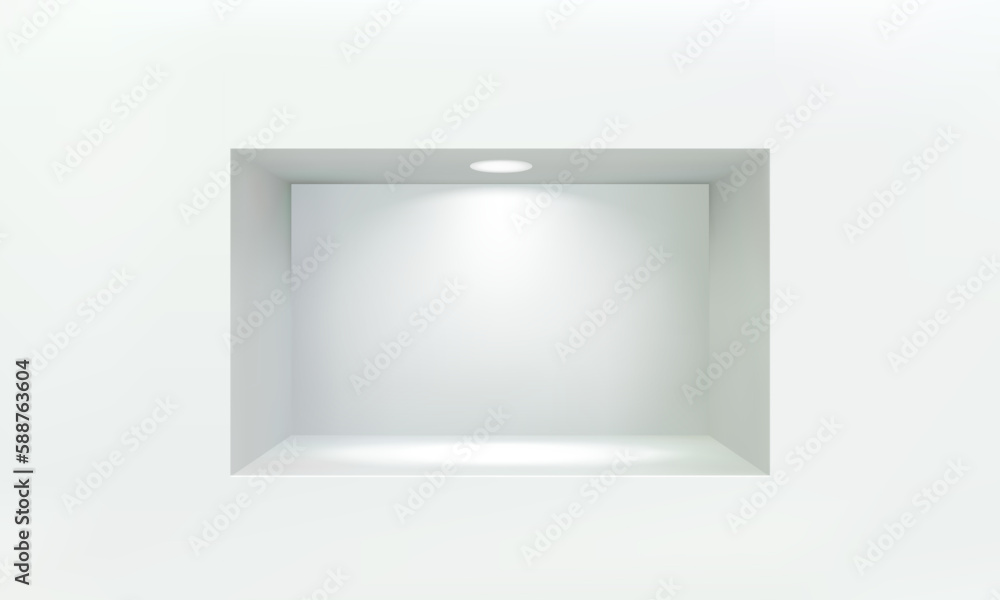 Empty niche or shelf on white wall with led light 3D mockup. Shop, gallery plastic or wooden showcase to present product. Blank retail storage space. Interior design furniture. Living room bookshelf Empty niche or shelf on white wall with led light 3D mockup. Shop, gallery plastic or wooden showcase to present product. Blank retail storage space. Interior design furniture. Living room bookshelf