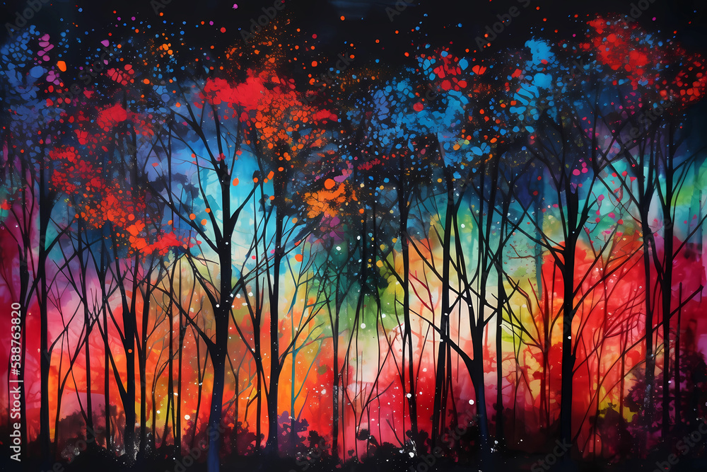 Fototapeta premium A grove of neon-colored trees at night. digital art illustration. generative AI