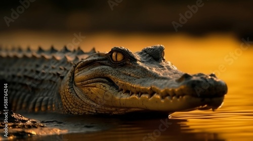 an alligator laying in the water on the bank of a lake