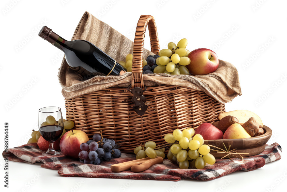 A picnic basket filled with fresh fruits, isolated white object. generative AI A picnic basket filled with fresh fruits, isolated white object. generative AI
