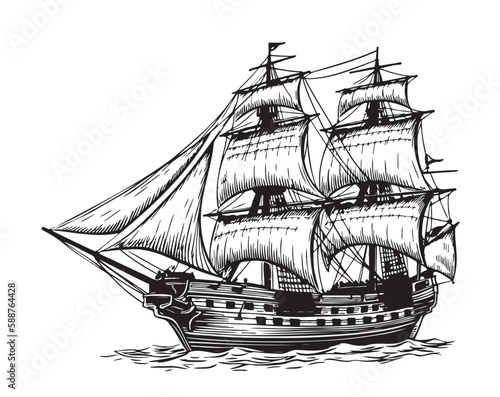 Ship frigate sailboat old sketch hand drawn illustration