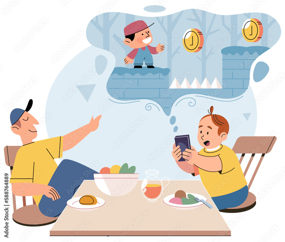 Little boy using tablet, playing video game, child watching smartphone while eating at kitchen at home. Dad sits at table with kid during feeding, son spends too much time with gadget, phone addiction Little boy using tablet, playing video game, child watching smartphone while eating at kitchen at home. Dad sits at table with kid during feeding, son spends too much time with gadget, phone addiction