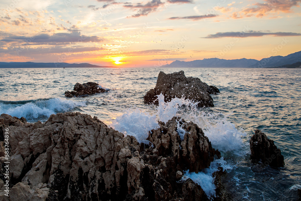 Amazing beach sunset with endless horizon and incredible foamy waves. Amazing beach sunset with endless horizon and incredible foamy waves.
