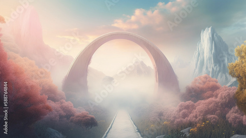 a rainbow bridge leading to the gates of heaven. digital art illustration. generative AI