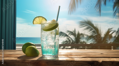 AI生成による爽やかなモヒート、ライム、ミント、酒、ノンアルコール、アルコールフリー、青空、ビーチ、海、Generative AI