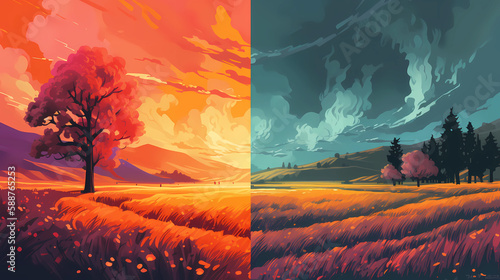 A split screen of a peaceful meadow and a raging wildfire. digital art illustration. generative AI