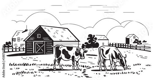Cows graze on the field on the background of the farm hand drawn sketch in doodle style Vector illustration