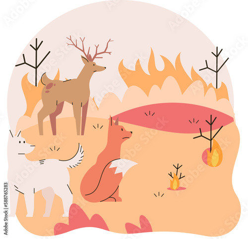 Natural disasters concept. Wild animals in forest on fire. Destroyed Earth due to global warming. Climate change and rising temperatures on planet lead to environmental problems and destructions