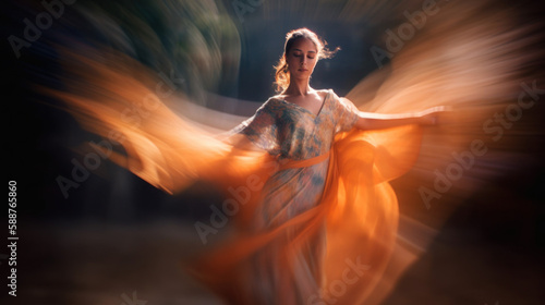 Woman dancing in orange flowing dress and orange ethereal energy flowing from her. Generative Ai. 